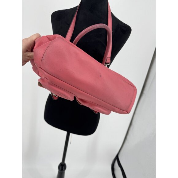 Vintage Baguette Purse Y2k East West Pocket Pink Strap 2 Handles Leather Zip - Picture 6 of 7